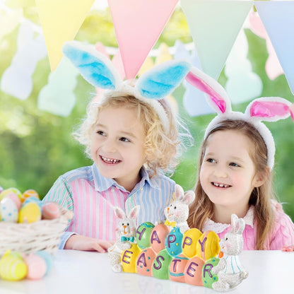 Easter Bunny Centerpiece with Hand Painted Eggs and Resin Construction, 4.7in Tall
