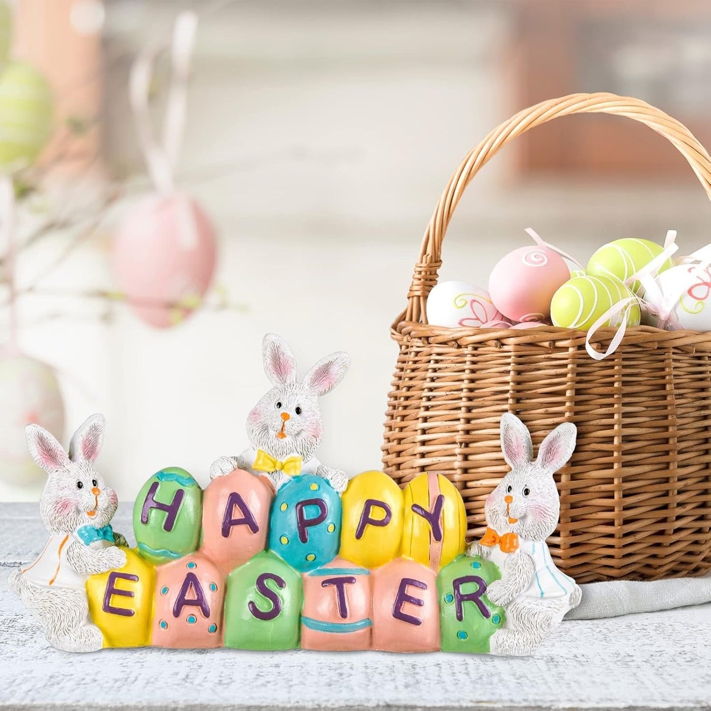 Easter Bunny Centerpiece with Hand Painted Eggs and Resin Construction, 4.7in Tall