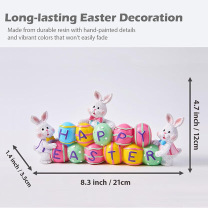 Easter Bunny Centerpiece with Hand Painted Eggs and Resin Construction, 4.7in Tall
