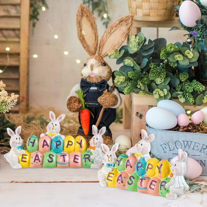 Easter Bunny Centerpiece with Hand Painted Eggs and Resin Construction, 4.7in Tall