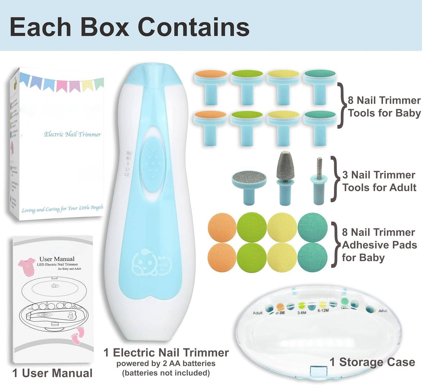 Electric Baby Nail File with Touch Stop Sensor and LED Light, 21 Piece Set