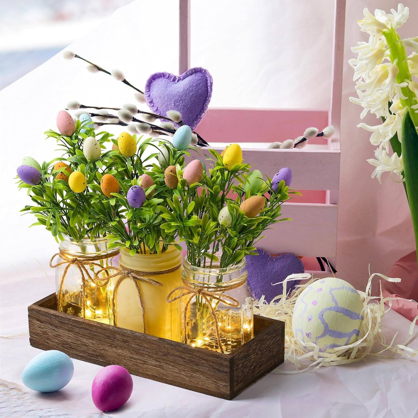 Rustic Wood Tray Centerpiece with Artificial Flowers and Built In LED Lights