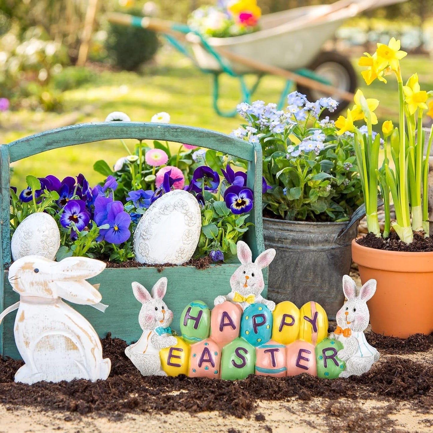 Easter Bunny Centerpiece with Hand Painted Eggs and Resin Construction, 4.7in Tall