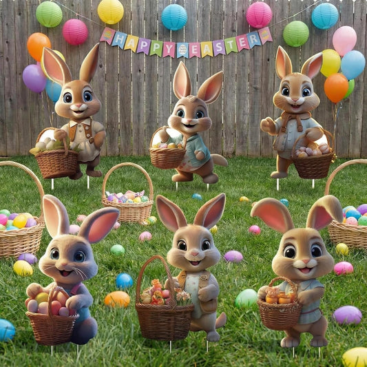 Outdoor Easter Bunny Yard Signs with Ground Stakes, Set of 6