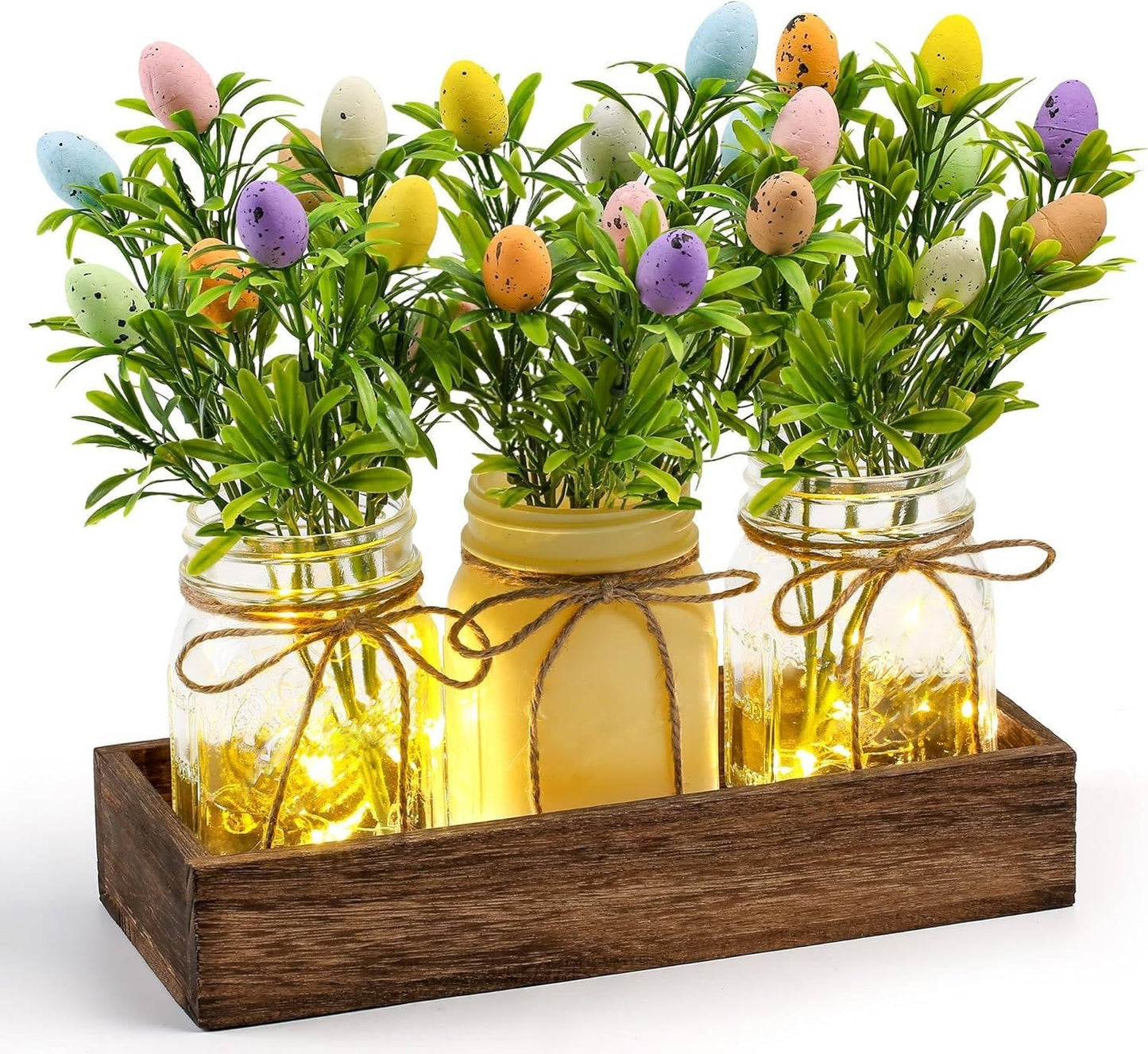 Rustic Wood Tray Centerpiece with Artificial Flowers and Built In LED Lights