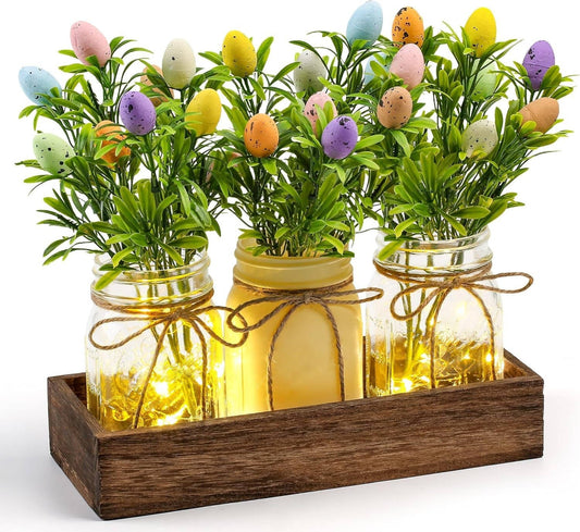 Rustic Wood Tray Centerpiece with Artificial Flowers and Built In LED Lights