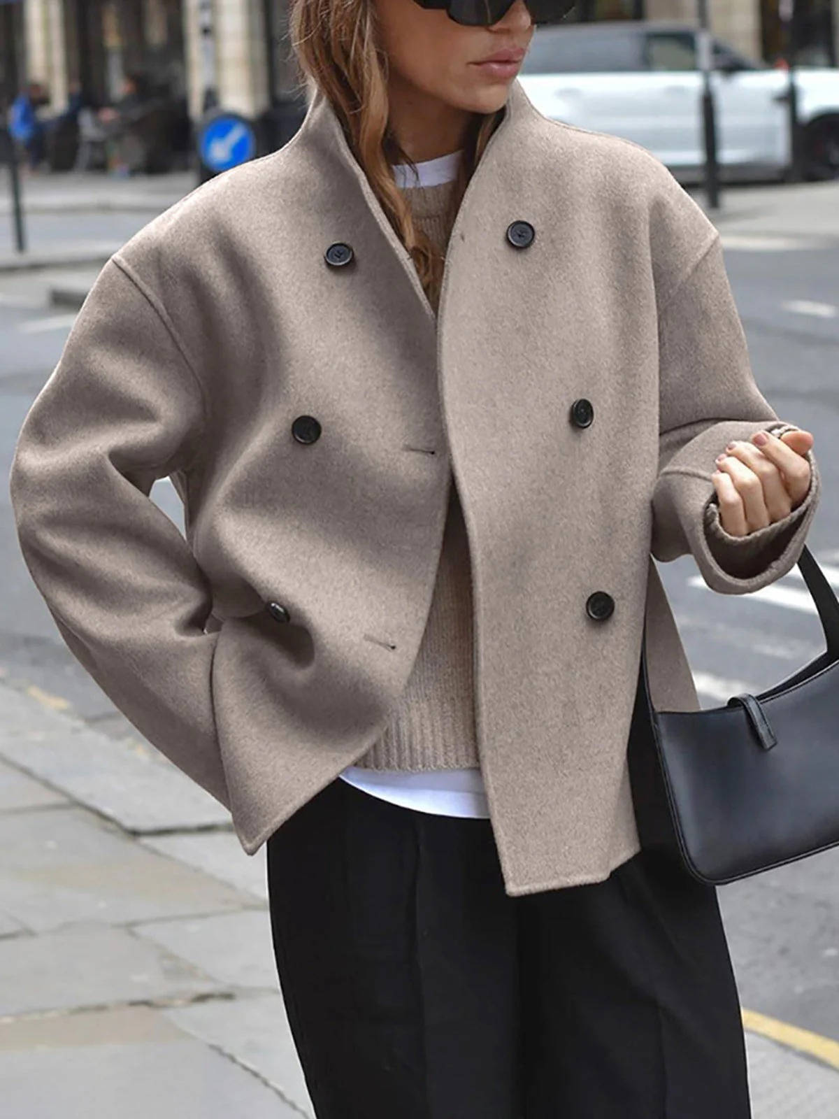 Womens Cropped Double Breasted Peacoat with a Stand Collar and Soft Interior Lining in Khaki or Gray