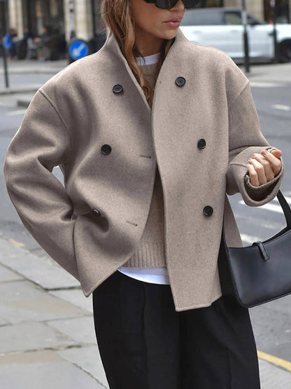 Womens Cropped Double Breasted Peacoat with a Stand Collar and Soft Interior Lining in Khaki or Gray