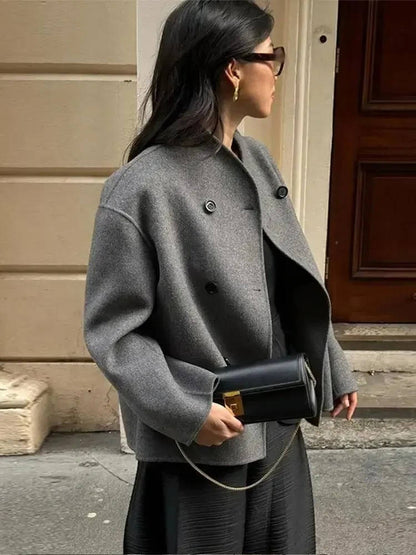 Womens Cropped Double Breasted Peacoat with a Stand Collar and Soft Interior Lining in Khaki or Gray