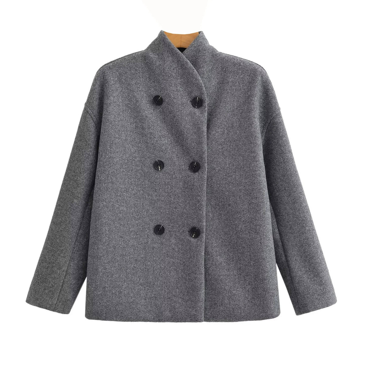 Womens Cropped Double Breasted Peacoat with a Stand Collar and Soft Interior Lining in Khaki or Gray