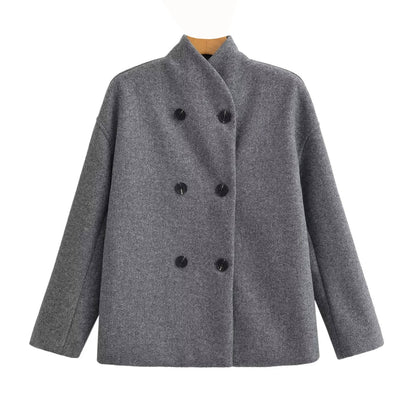 Womens Cropped Double Breasted Peacoat with a Stand Collar and Soft Interior Lining in Khaki or Gray
