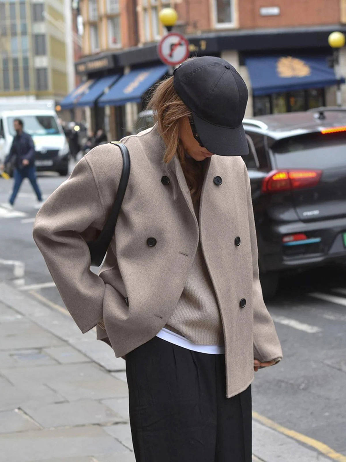 Womens Cropped Double Breasted Peacoat with a Stand Collar and Soft Interior Lining in Khaki or Gray