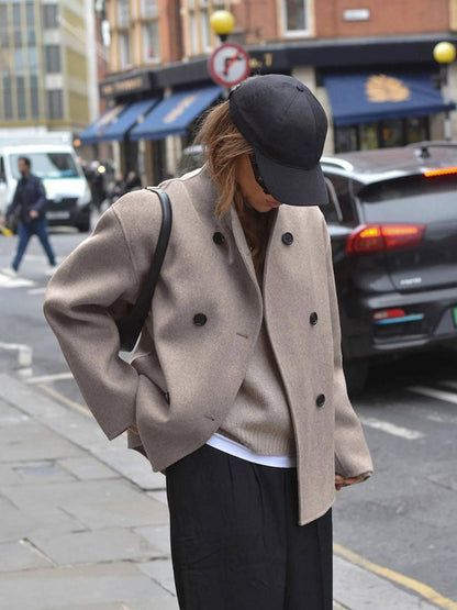 Womens Cropped Double Breasted Peacoat with a Stand Collar and Soft Interior Lining in Khaki or Gray