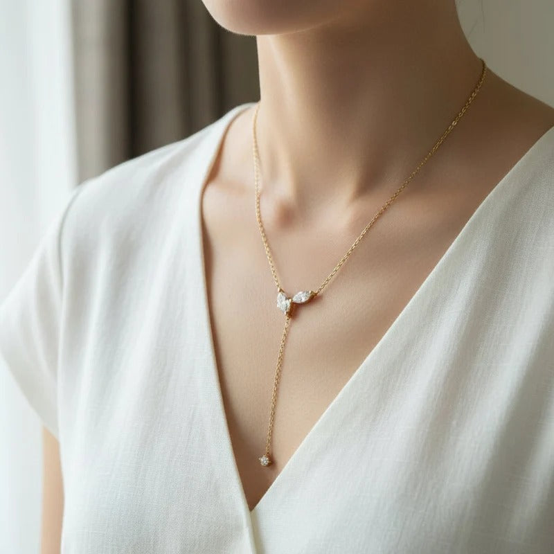 Sterling Silver Y Drop Necklace with Marquise Cut Moissanite Stones, D Color VVS1 Grade