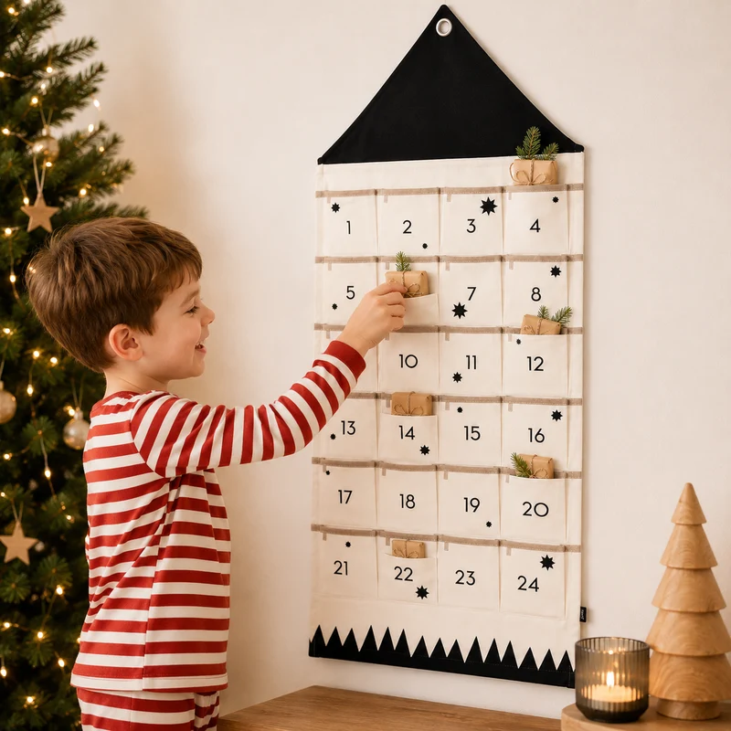 Cloth Christmas Countdown Calendar, 24 Fillable Pouches with Hanging Tab