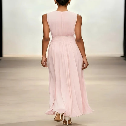 Women's Long Formal Gown with Gathered Bodice and Accordion Skirt for Weddings