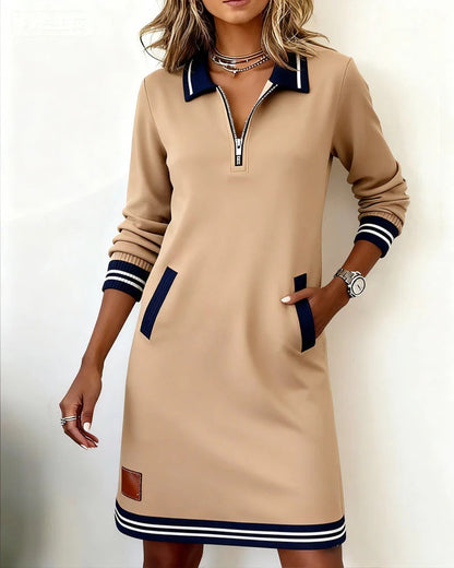 Long Sleeve Collar Dress with Front Zipper and Lapel Detail, Cotton Blend