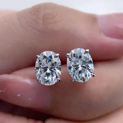 925 Silver Oval Moissanite Earrings, Push Back Studs with D Color VVS1 Stones