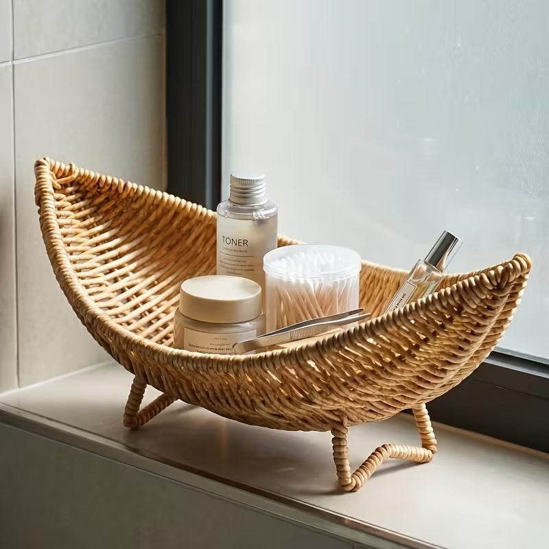 Crescent Shaped Rattan Storage Basket for Bathroom and Living Room