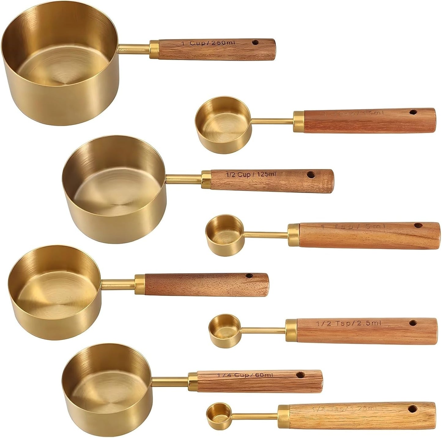 Measuring Cups and Spoons Set with Engraved Markings and Wooden Handles