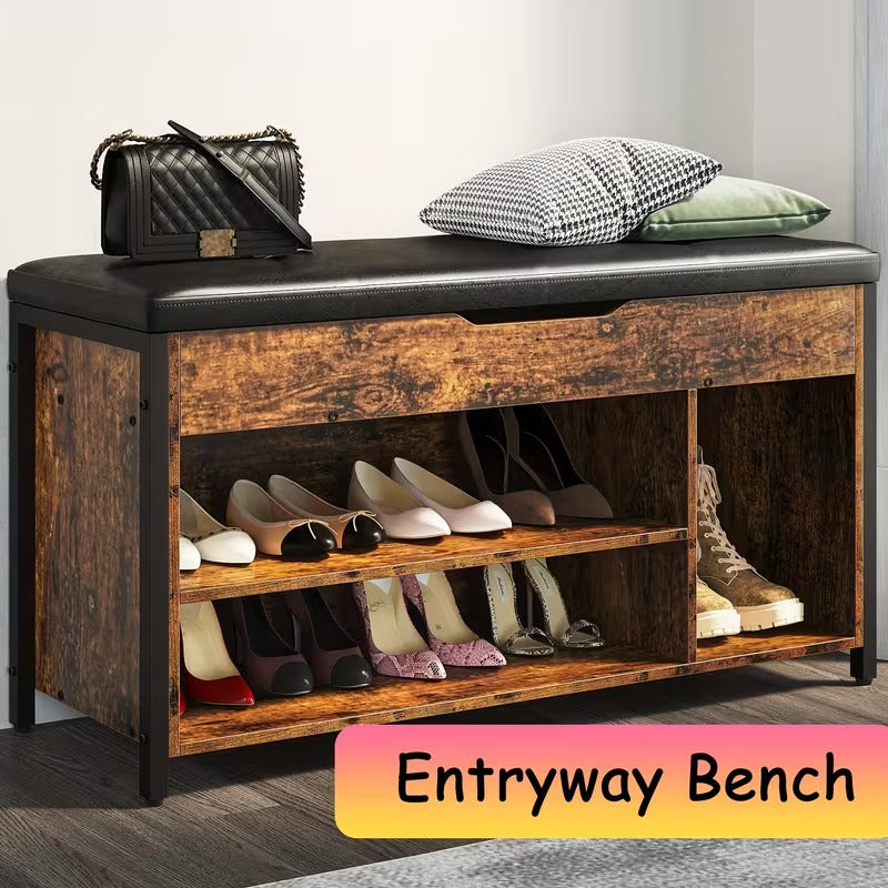 Metal and Wood Shoe Storage Bench with Cushioned Seat for Entryway
