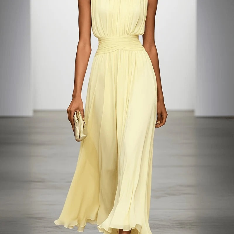 Women's Long Formal Gown with Gathered Bodice and Accordion Skirt for Weddings