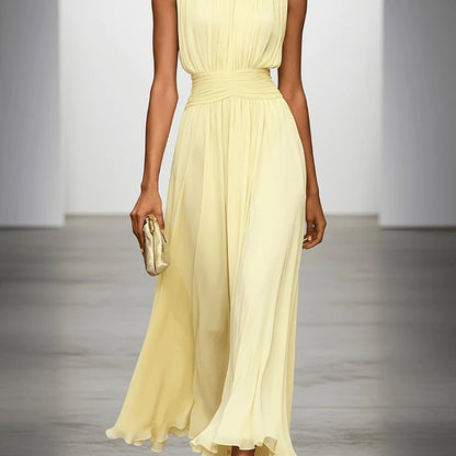 Women's Long Formal Gown with Gathered Bodice and Accordion Skirt for Weddings