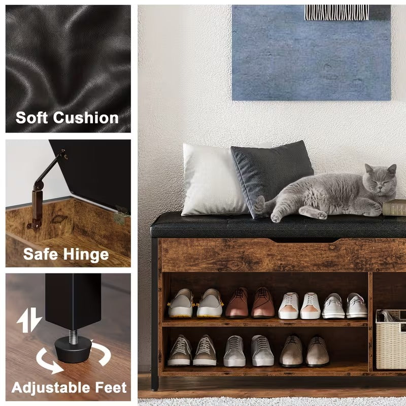 Metal and Wood Shoe Storage Bench with Cushioned Seat for Entryway