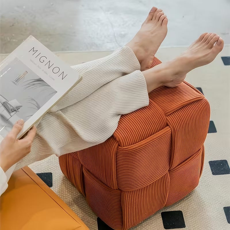 Square Faux Fur Woven Ottoman Footrest for Sofa and Shoe Bench Use