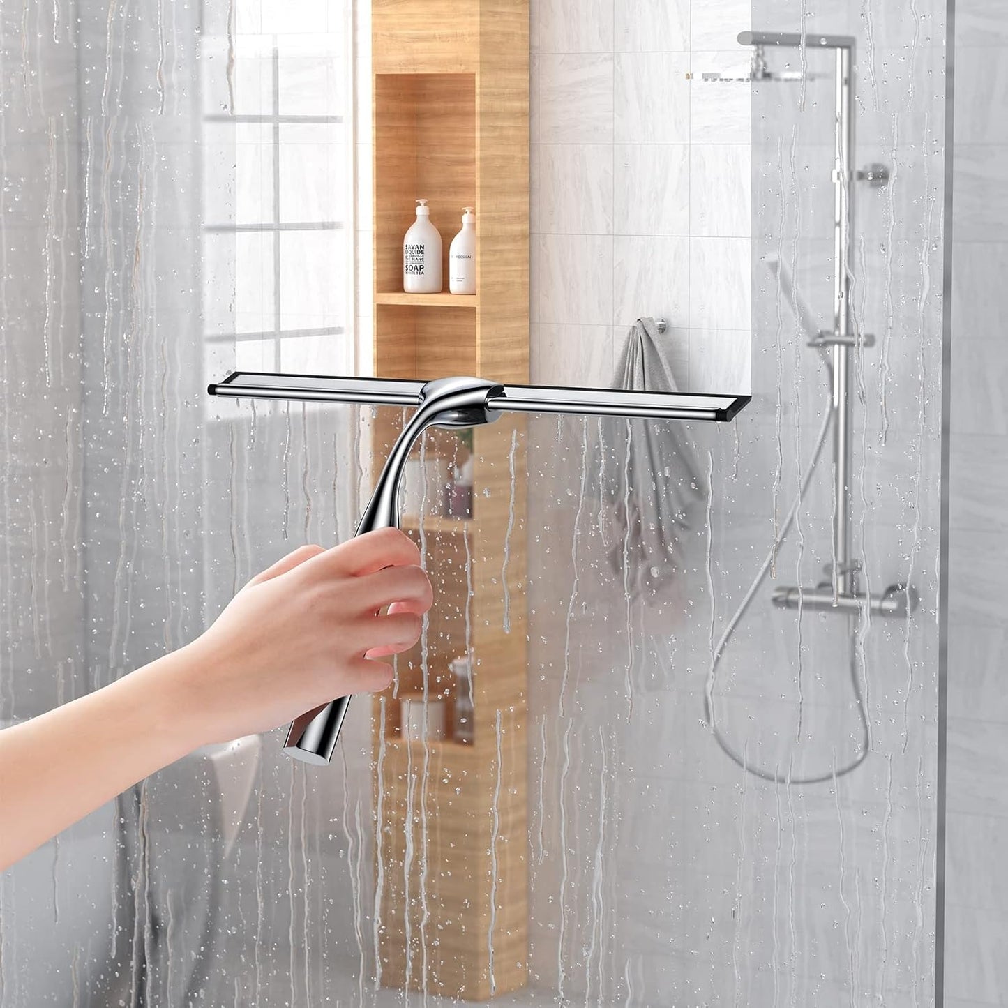 Shower Squeegee with Secure Grip Handle and Flexible Blade for Glass Doors
