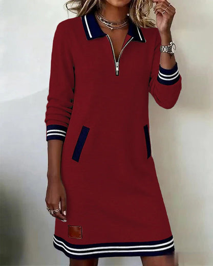 Long Sleeve Collar Dress with Front Zipper and Lapel Detail, Cotton Blend