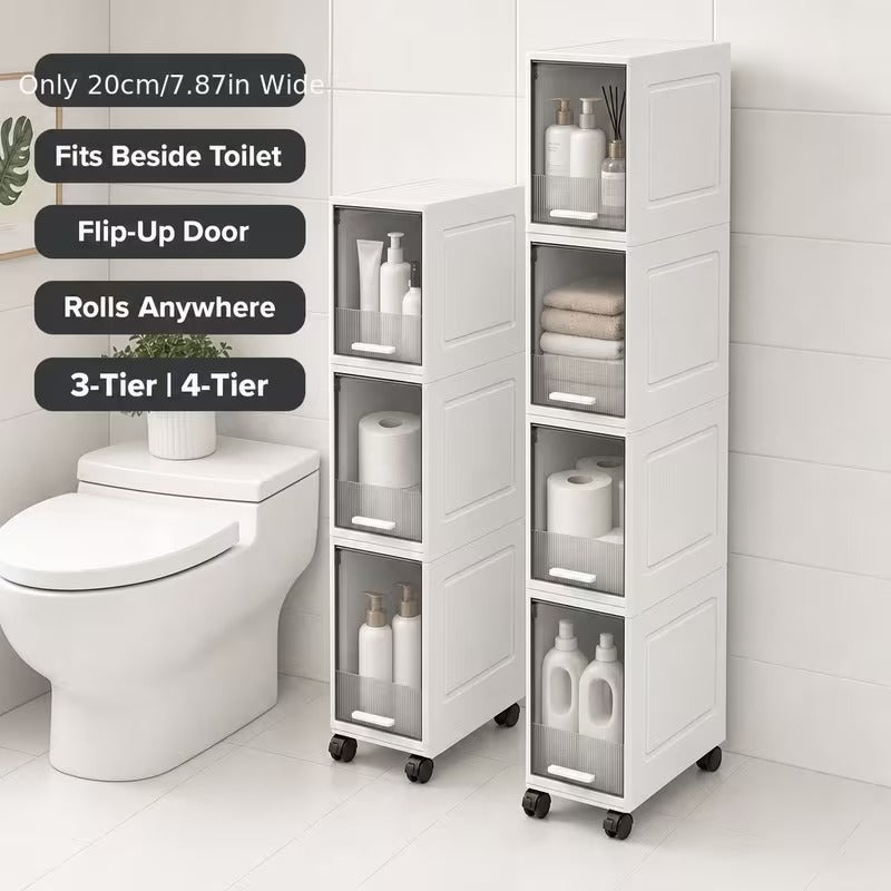 Rolling Narrow Storage Cabinet with Clear Doors for Bathroom and Closet