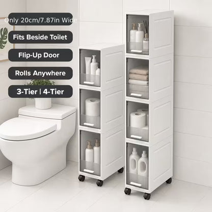 Rolling Narrow Storage Cabinet with Clear Doors for Bathroom and Closet