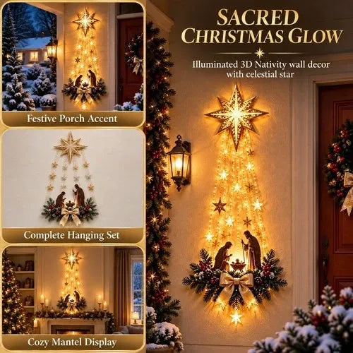 Warm White LED Nativity Wall Ornament Showing the Holy Family Beneath a Fine Cut Star with Pine and Berries