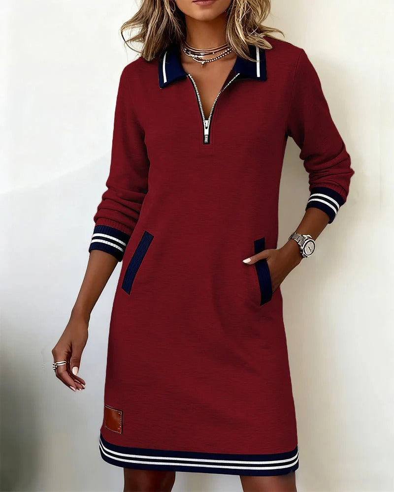 Long Sleeve Collar Dress with Front Zipper and Lapel Detail, Cotton Blend
