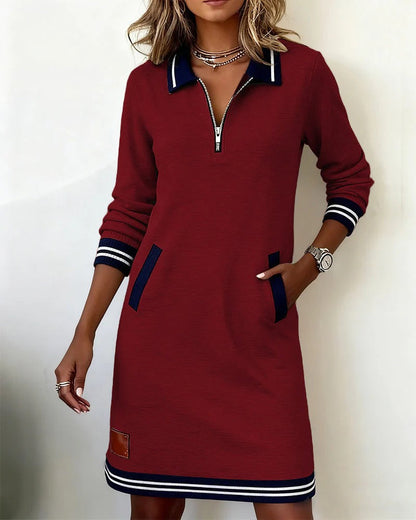 Long Sleeve Collar Dress with Front Zipper and Lapel Detail, Cotton Blend