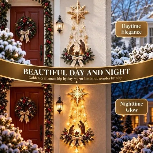 Warm White LED Nativity Wall Ornament Showing the Holy Family Beneath a Fine Cut Star with Pine and Berries