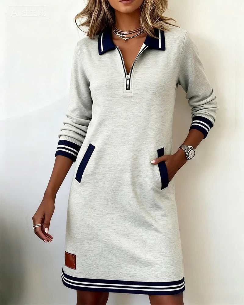 Long Sleeve Collar Dress with Front Zipper and Lapel Detail, Cotton Blend