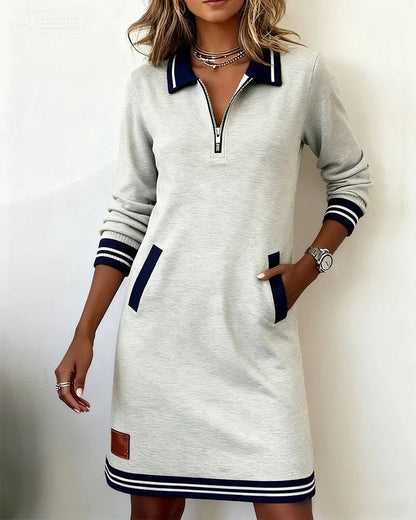 Long Sleeve Collar Dress with Front Zipper and Lapel Detail, Cotton Blend