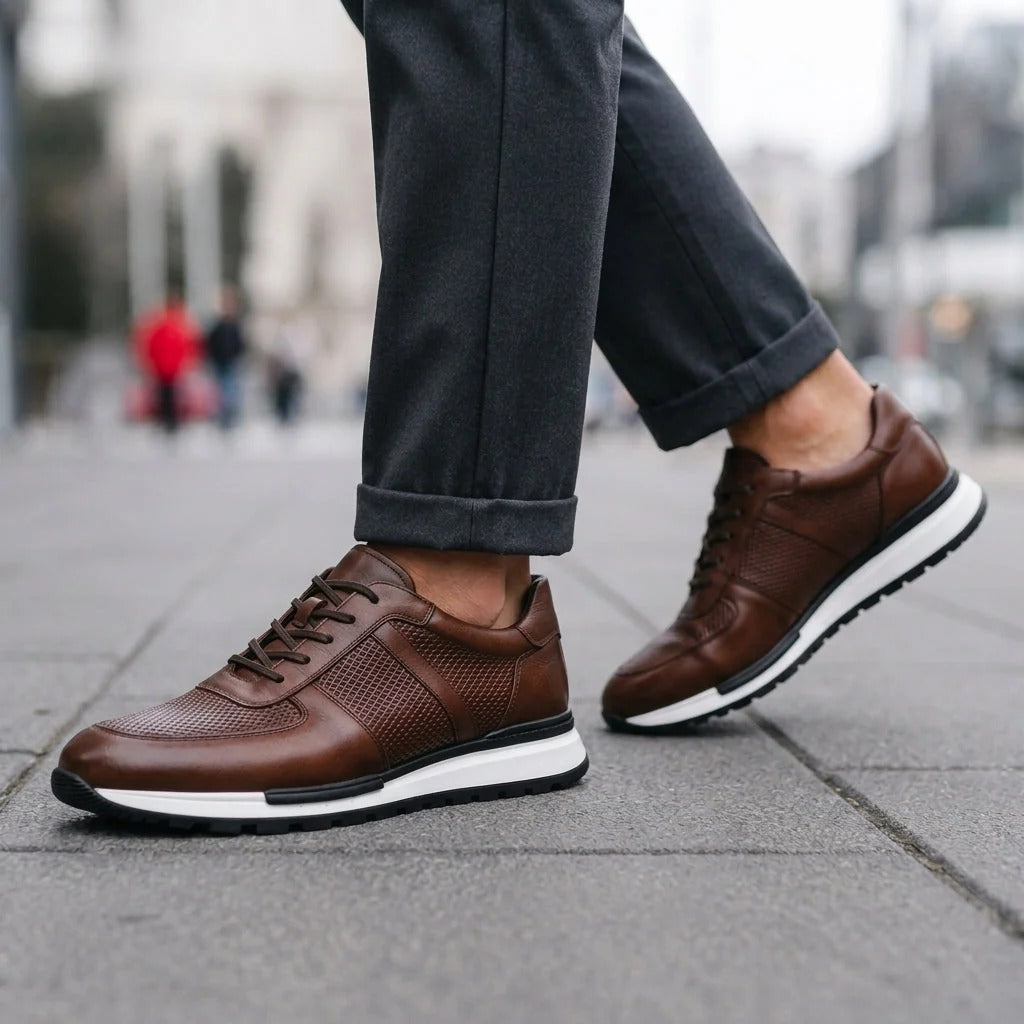 Low Top Leather Casual Shoes with Bendable Rubber Sole and Plain Lace Up Style