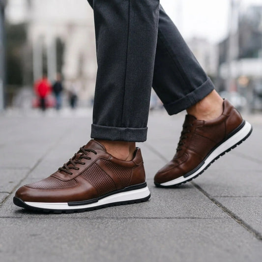 Low Top Leather Casual Shoes with Bendable Rubber Sole and Plain Lace Up Style