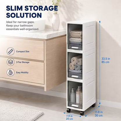 Rolling Narrow Storage Cabinet with Clear Doors for Bathroom and Closet