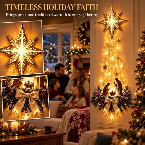 Warm White LED Nativity Wall Ornament Showing the Holy Family Beneath a Fine Cut Star with Pine and Berries