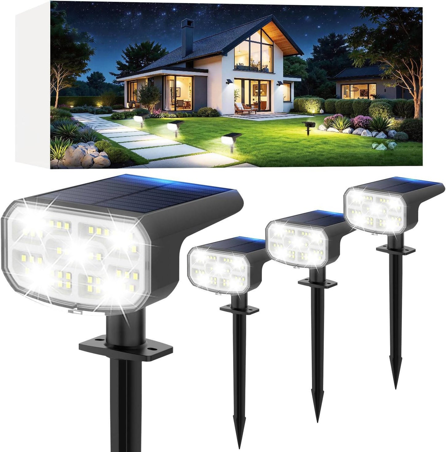 Solar Spotlight with Dual Brightness Modes and Auto Sensor, 4 Pack
