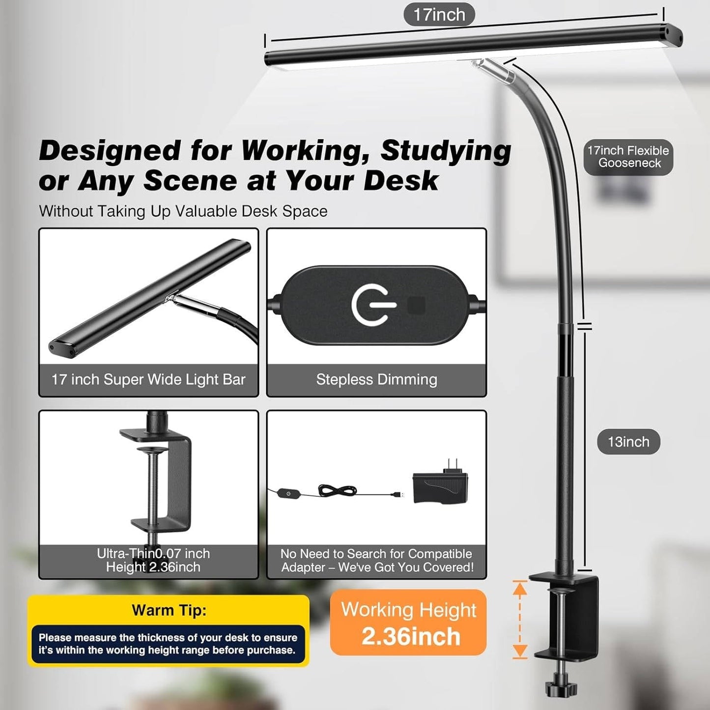 Gooseneck Desk Lamp with Stepless Dimming and Color Adjustment, 17in Wide Coverage