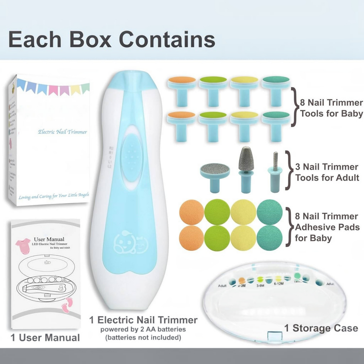 Electric Baby Nail File with Touch Stop Sensor and LED Light, 21 Piece Set