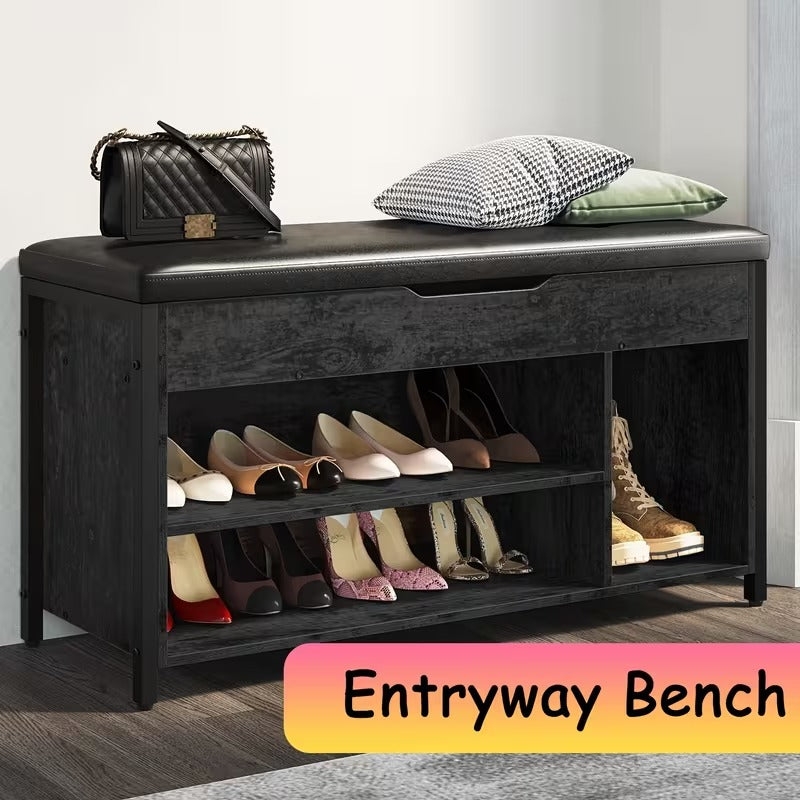 Metal and Wood Shoe Storage Bench with Cushioned Seat for Entryway