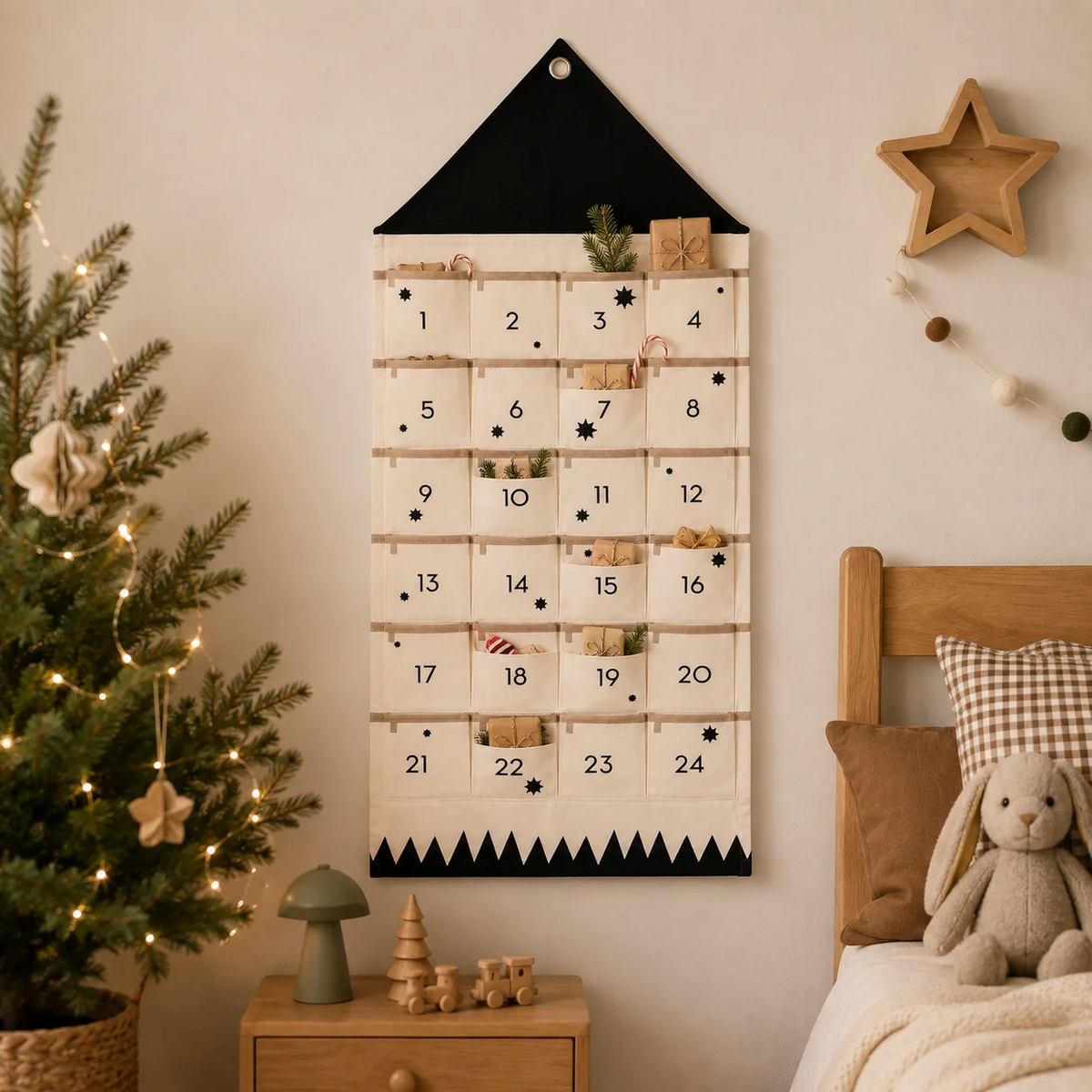 Cloth Christmas Countdown Calendar, 24 Fillable Pouches with Hanging Tab
