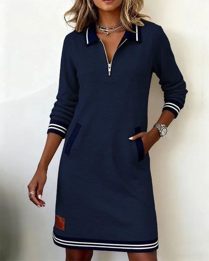 Long Sleeve Collar Dress with Front Zipper and Lapel Detail, Cotton Blend