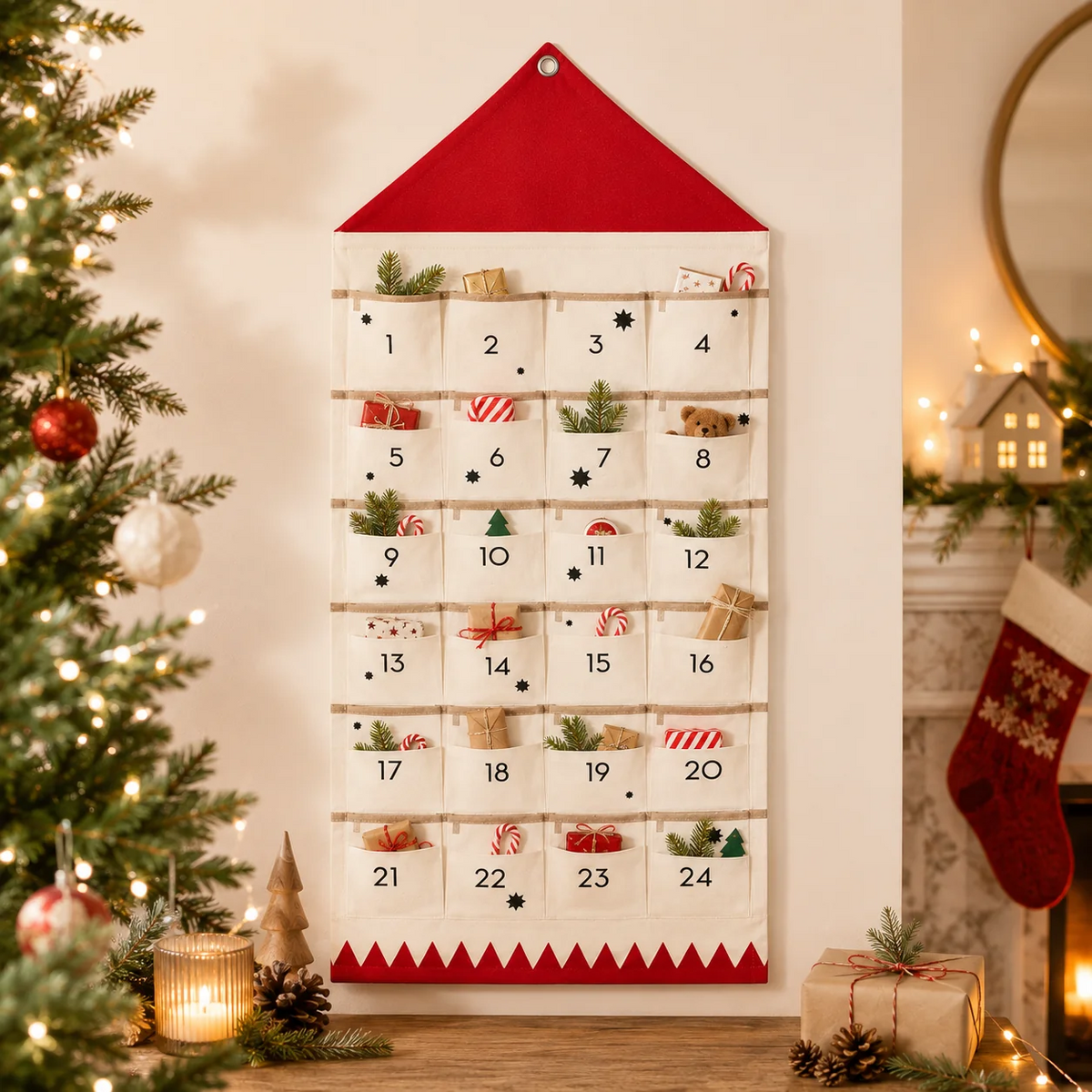 Cloth Christmas Countdown Calendar, 24 Fillable Pouches with Hanging Tab
